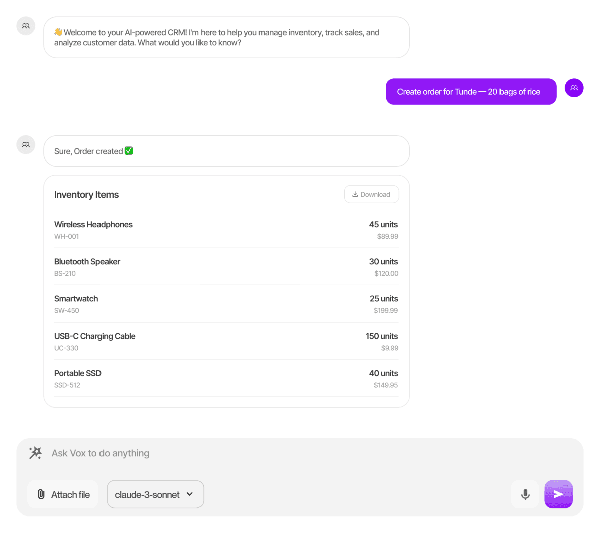 A Dualsell chat creating an order from a plain-language request